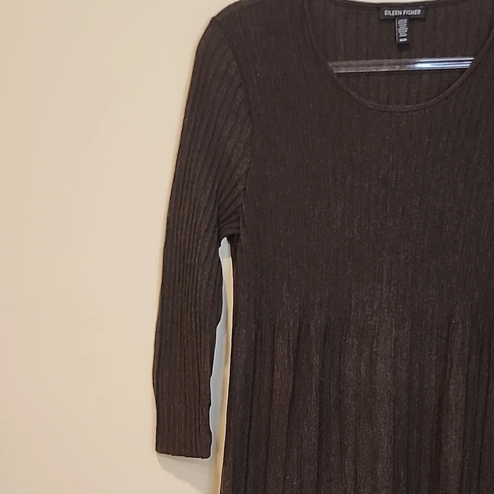 Eileen Fisher Dark Brown Wool Pleated Scoop-Neck Long-Sleeve Dress - Picture 5 of 10